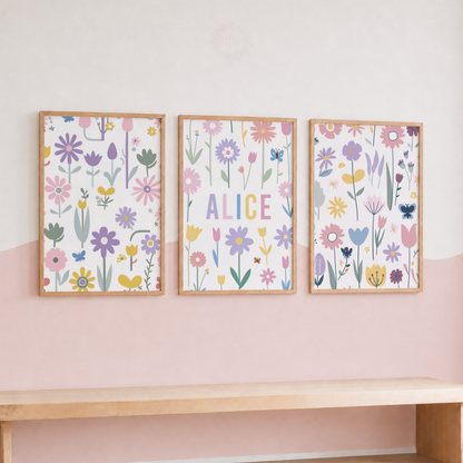 Personalised Floral Wall Art Set – Colourful Wildflower Name Prints