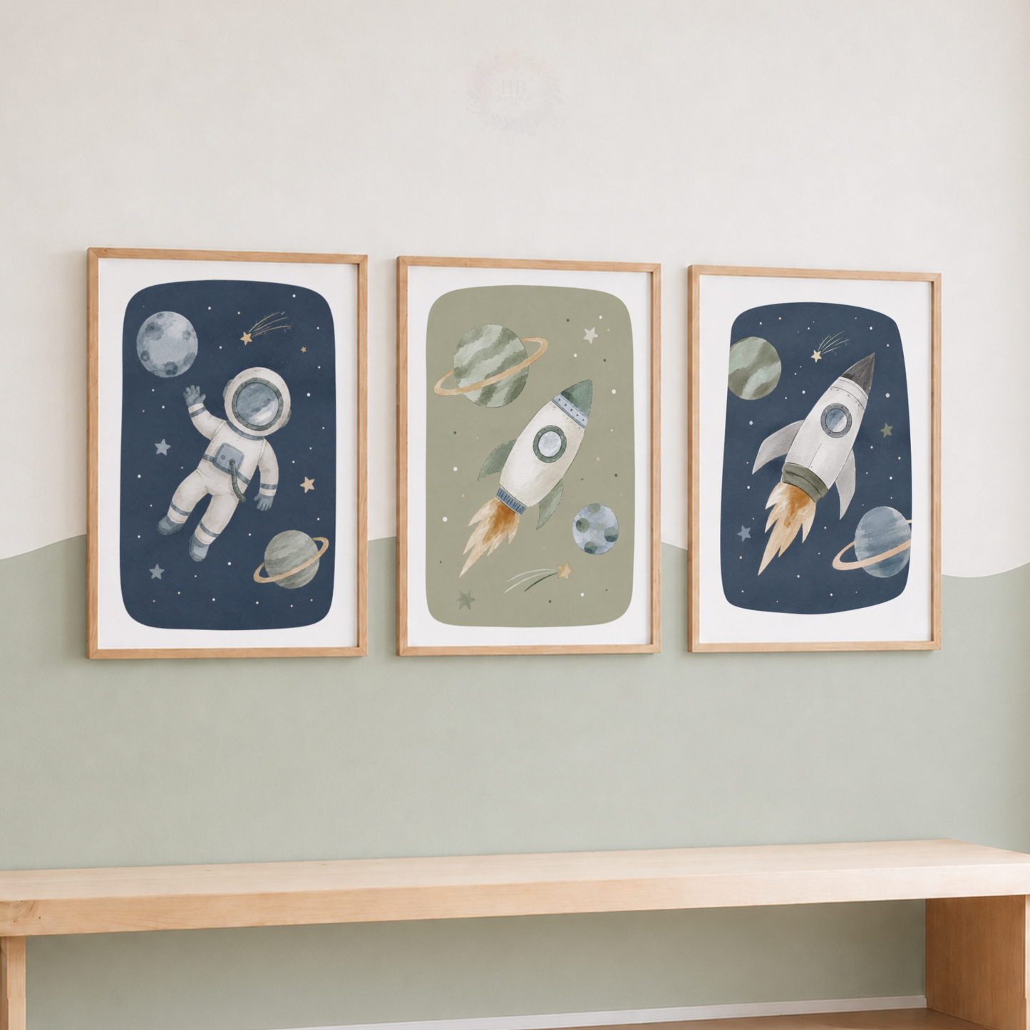 Space Nursery Wall Art Set – Astronaut & Rocket Prints