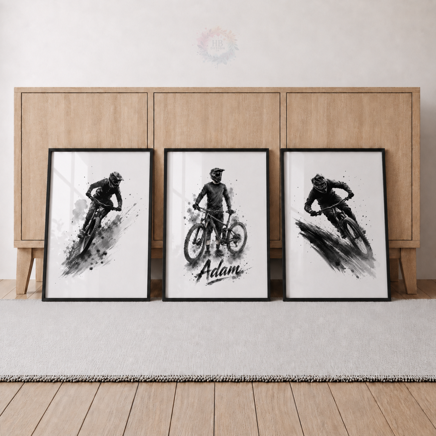 Personalised Mountain Bike Prints – Set of 3 Black & White MTB Cycling Wall Art