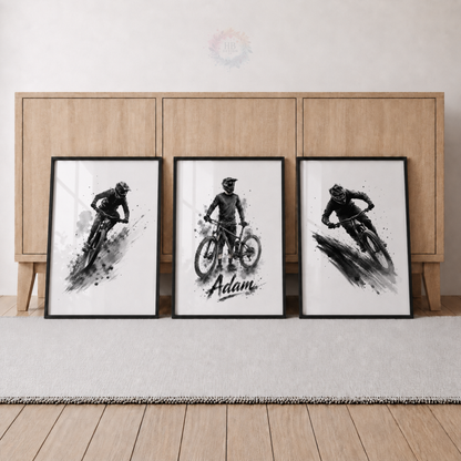 Personalised Mountain Bike Prints – Set of 3 Black & White MTB Cycling Wall Art