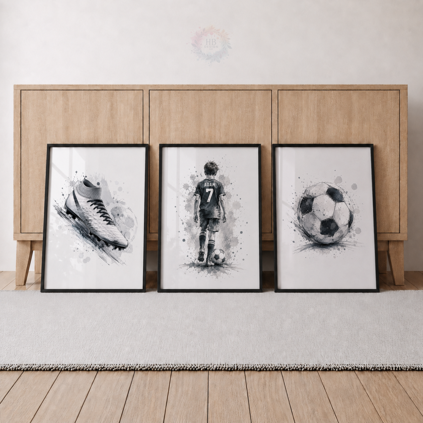 Personalised Monochrome Football Wall Art Set – Name & Number Prints