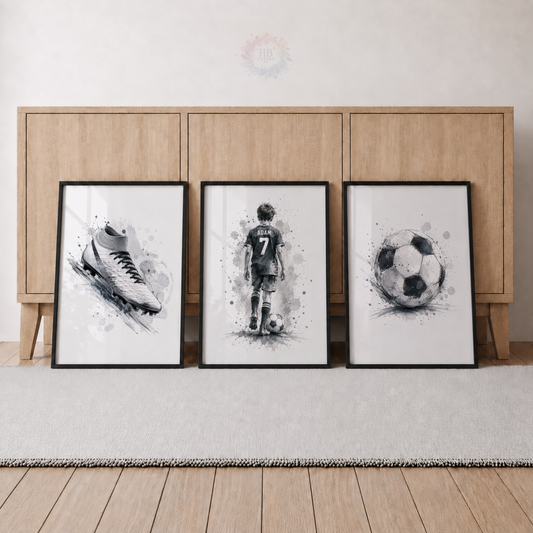 Personalised Monochrome Football Wall Art Set – Name & Number Prints