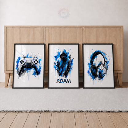 Personalised Blue Gaming Wall Art Set – Gamer, Controller & Headphones Prints