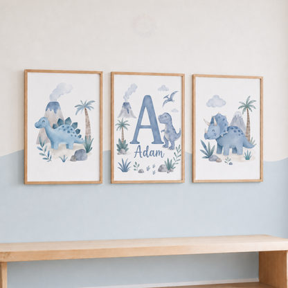 Personalised Blue Dinosaur Nursery Prints – Set of 3 Watercolour Dino & Name Wall Art