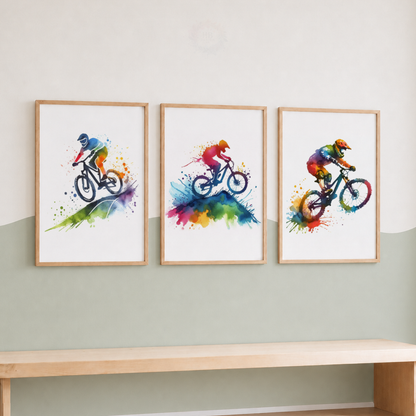 Mountain Biking Watercolor Wall Art Set – Colourful MTB Cyclist Sports Prints