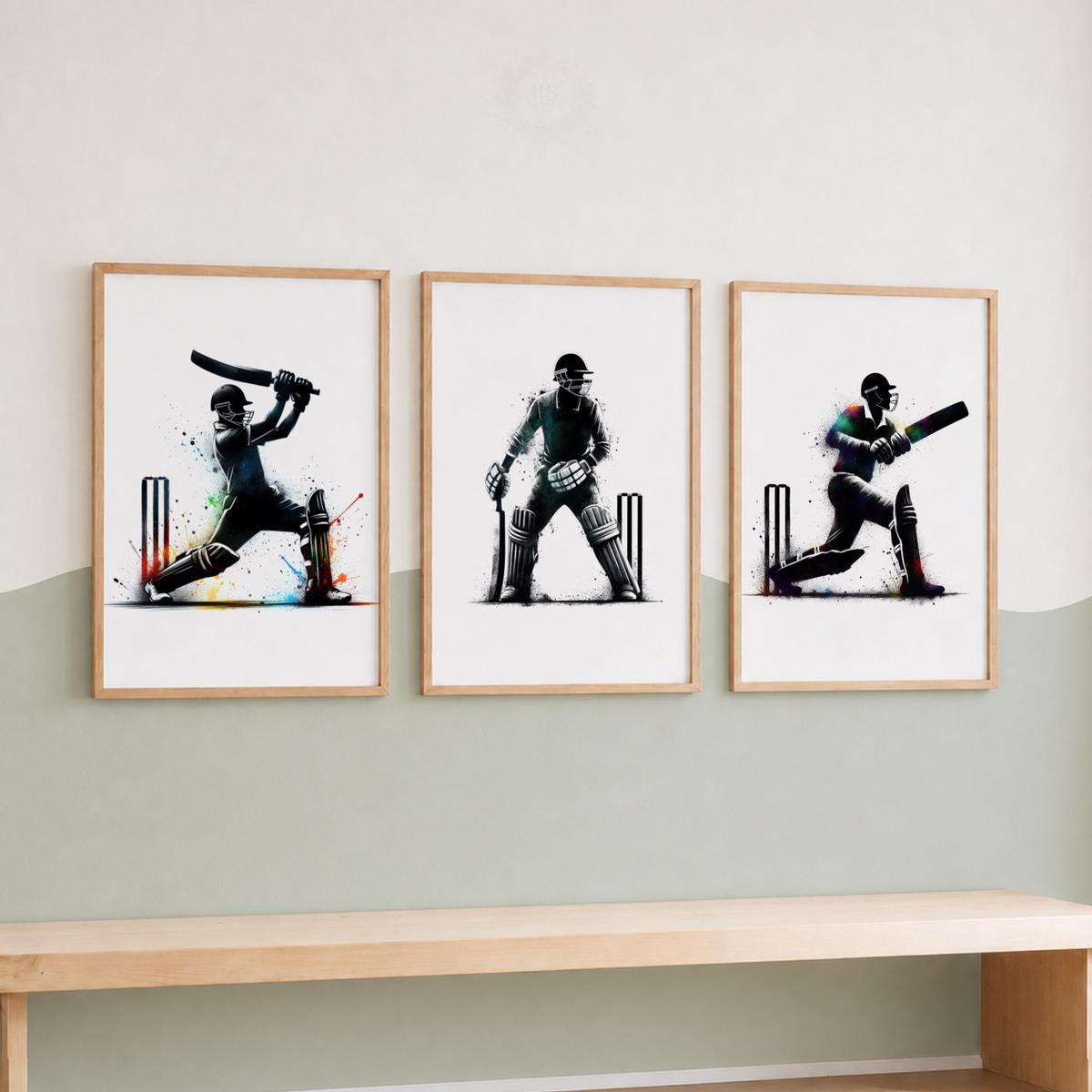 Cricket Wall Art Set – Black Batsman, Wicket Keeper & Colour Splash Sports Prints