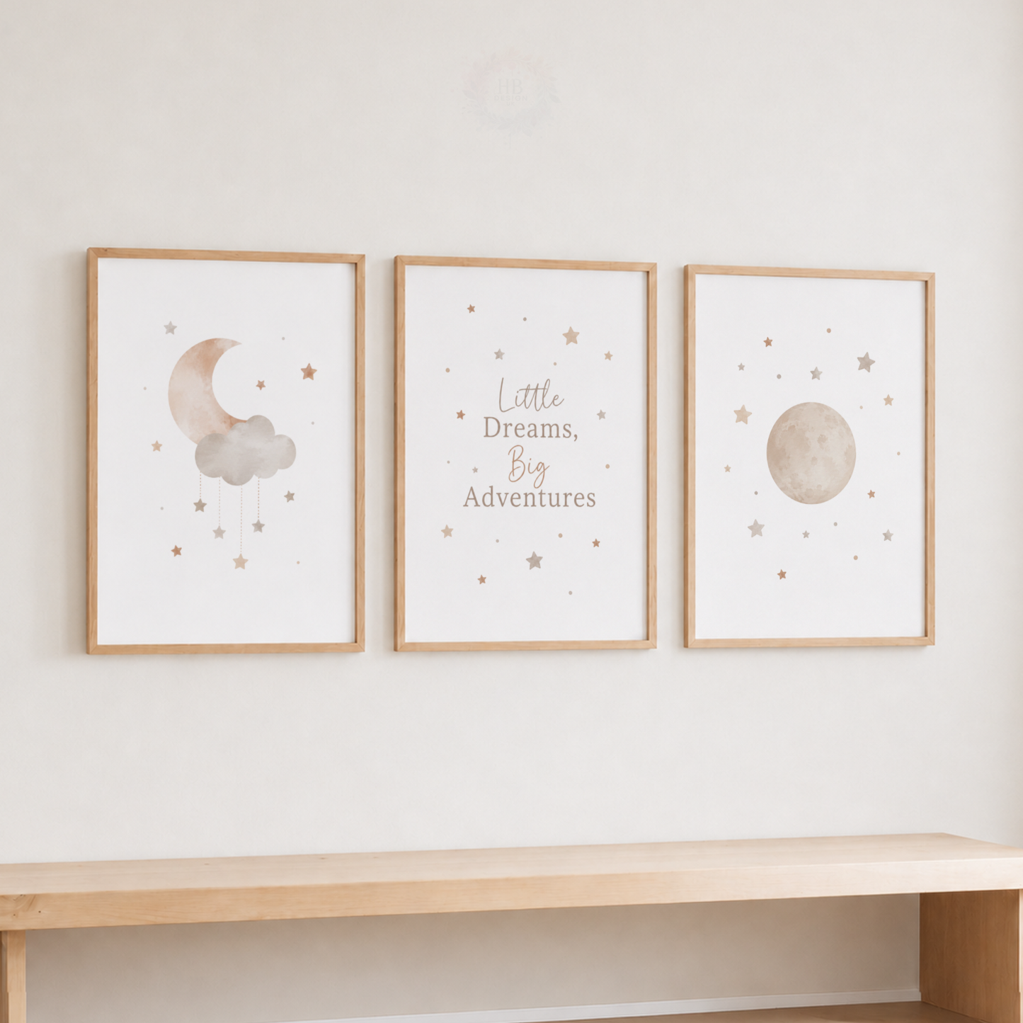 Little Dreams Big Adventures Nursery Prints – Set of 3 Neutral Moon & Stars Wall Art