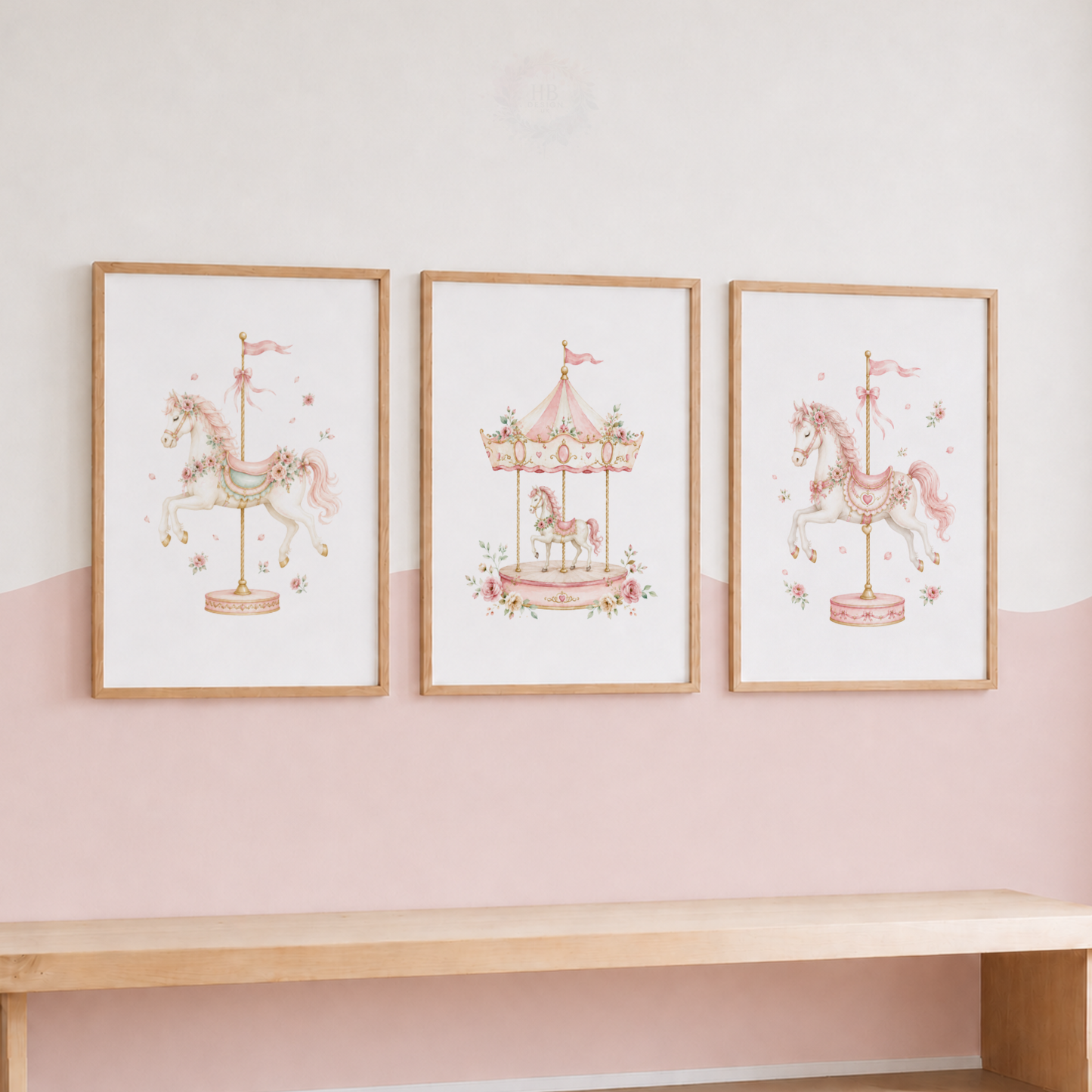 Pink Carousel Horse Nursery Prints – Set of 3 Floral Fairground Wall Art