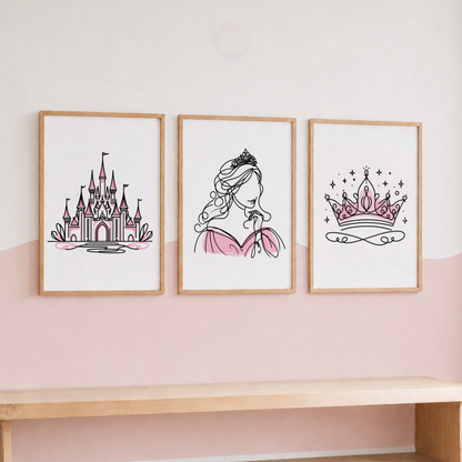 Pink Princess Wall Art Set – Castle, Princess & Crown Prints