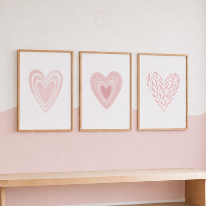 Pink Heart Nursery Prints – Set of 3 Minimalist Love Wall Art