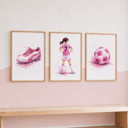 Girls Football Wall Art Set – Pink Watercolour Football Player Prints