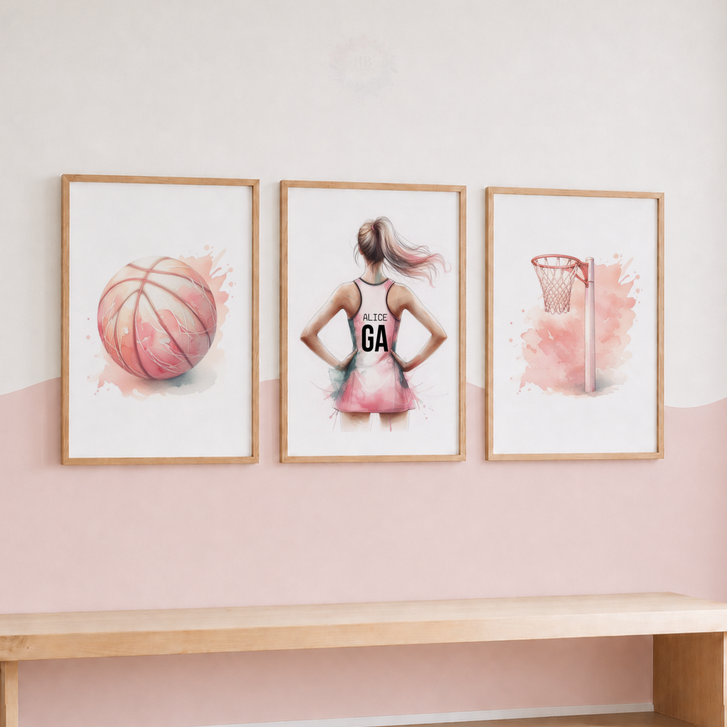 Personalised Netball Wall Art Set – Pink Watercolour Netball Prints for Girls’ Bedroom