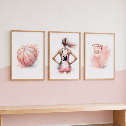 Personalised Netball Wall Art Set – Pink Watercolour Netball Prints for Girls’ Bedroom