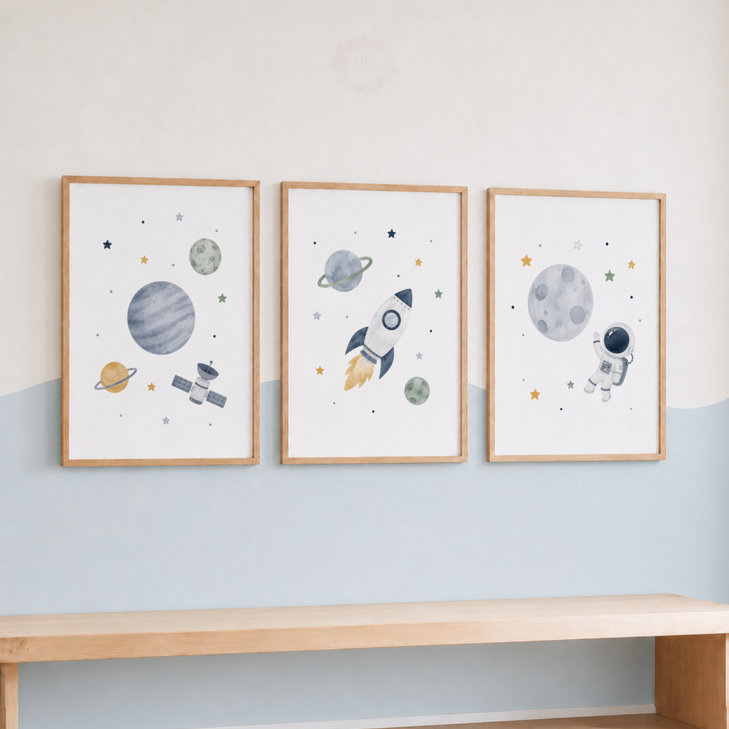 Space Nursery Wall Art Set – Rocket, Astronaut & Planet Prints