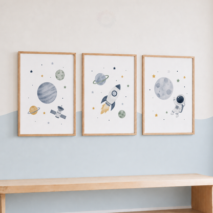 Space Nursery Wall Art Set – Rocket, Astronaut & Planet Prints