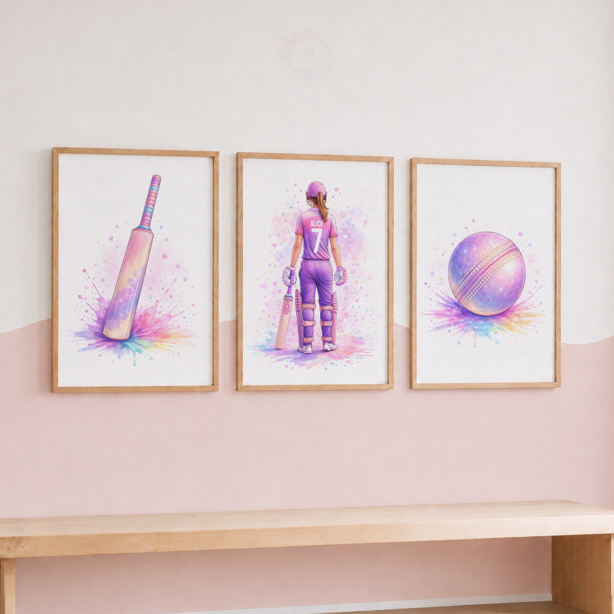 Personalised Girls Cricket Wall Art Set – Pink & Purple Watercolour Cricket Prints