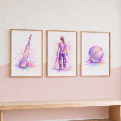 Personalised Girls Cricket Wall Art Set – Pink & Purple Watercolour Cricket Prints
