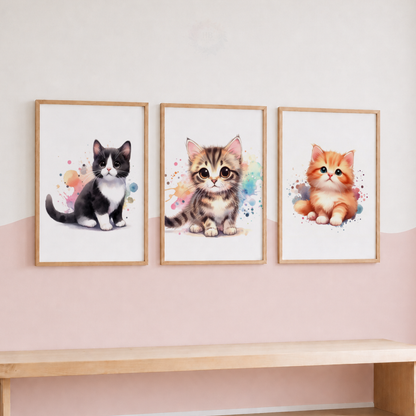 Cute Kitten Wall Art Set – Colourful Watercolour Cat Nursery Prints