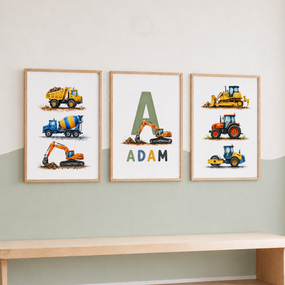 Dig & Build – Personalised Set of 3 Construction Vehicle Nursery Prints