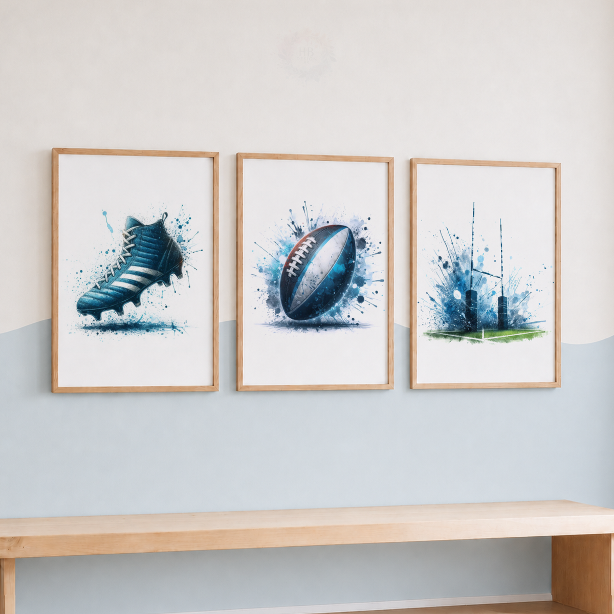 Rugby Watercolor Wall Art Set – Blue Rugby Boot, Ball & Goal Posts Sports Prints
