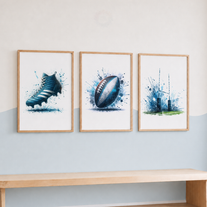 Rugby Watercolor Wall Art Set – Blue Rugby Boot, Ball & Goal Posts Sports Prints