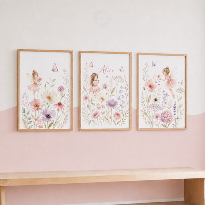 Personalised Fairy Wildflower Nursery Prints – Pink Floral Girls Wall Art Set