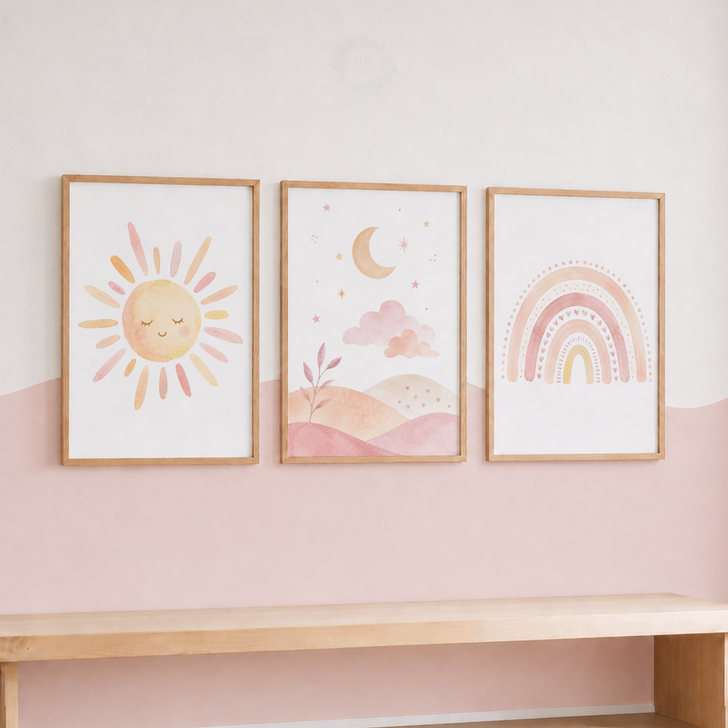Pastel Rainbow Nursery Prints – Set of 3 Sun, Moon & Rainbow Boho Wall Art