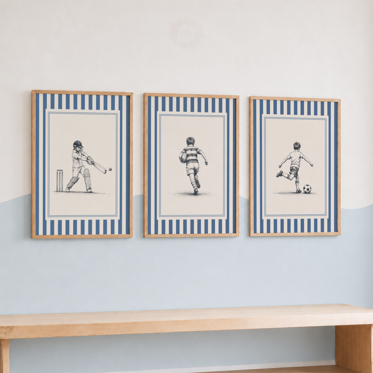 Boys Sports Wall Art Set – Cricket Rugby & Football Prints