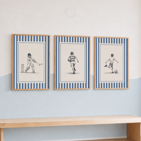 Boys Sports Wall Art Set – Cricket Rugby & Football Prints