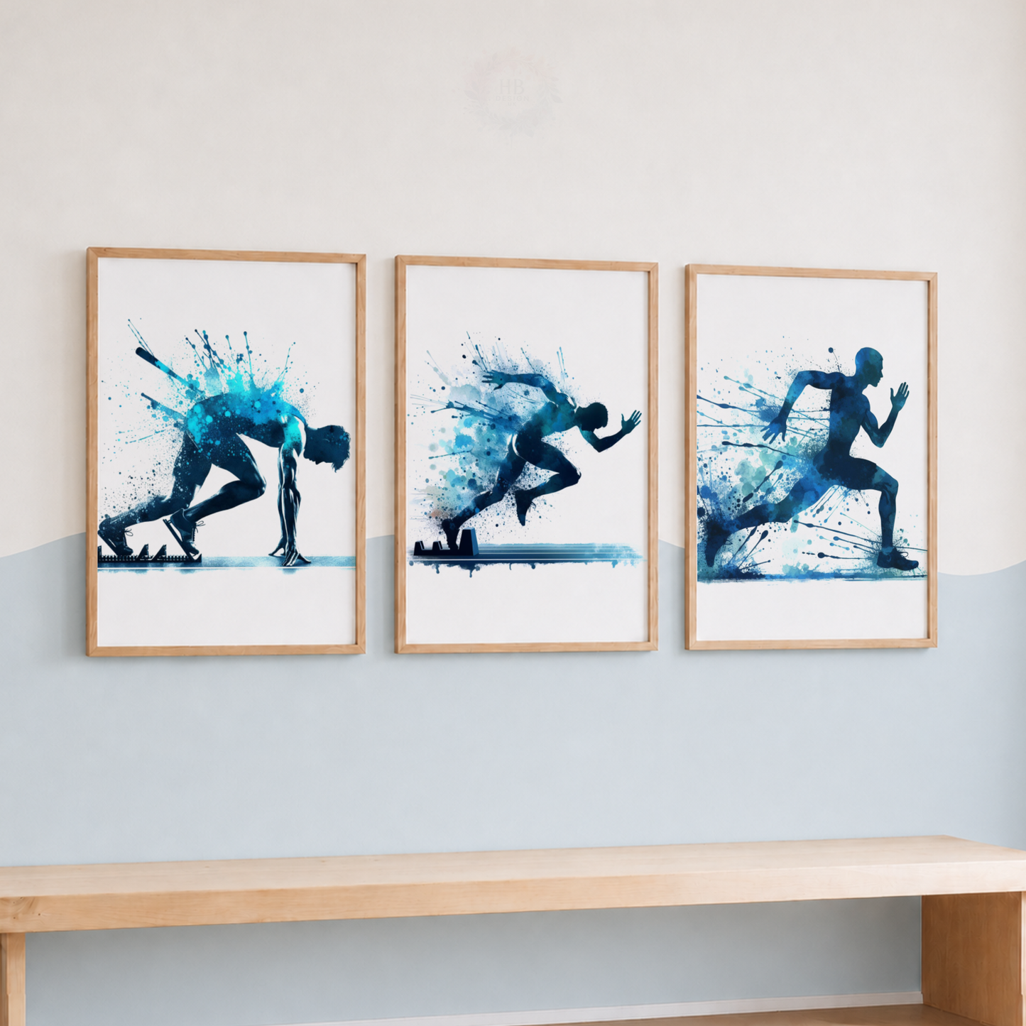 Sprint Running Watercolor Wall Art Set – Blue Athlete & Track Runner Sports Prints