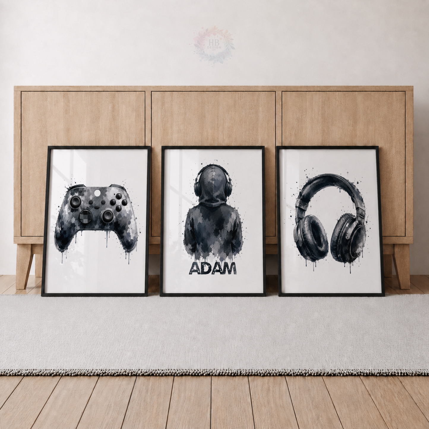 Personalised Black & Grey Gamer Wall Art Set – Controller, Gamer & Headphones Prints