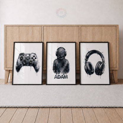 Personalised Black & Grey Gamer Wall Art Set – Controller, Gamer & Headphones Prints