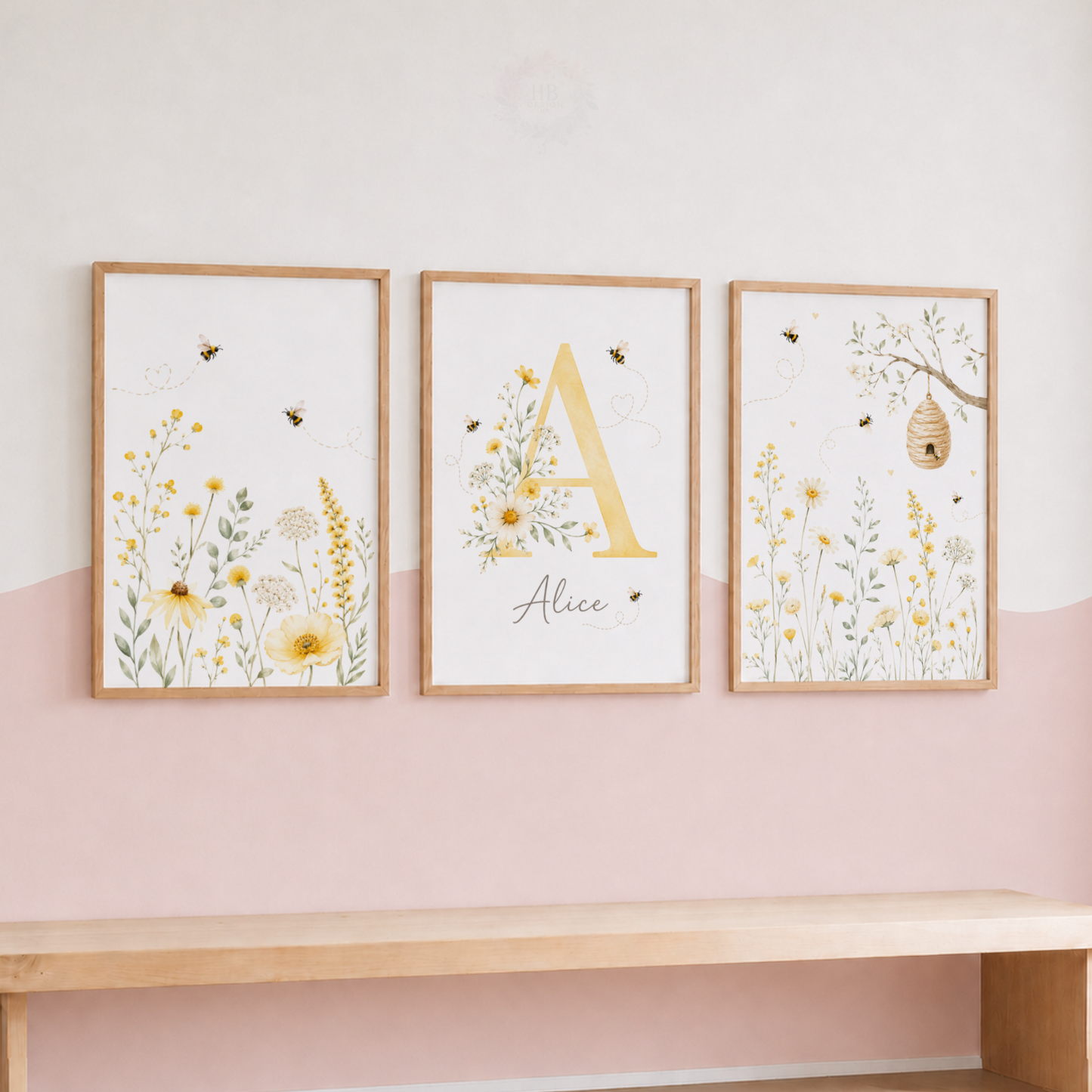 Personalised Bee & Wildflower Nursery Prints – Set of 3 Yellow Floral Wall Art