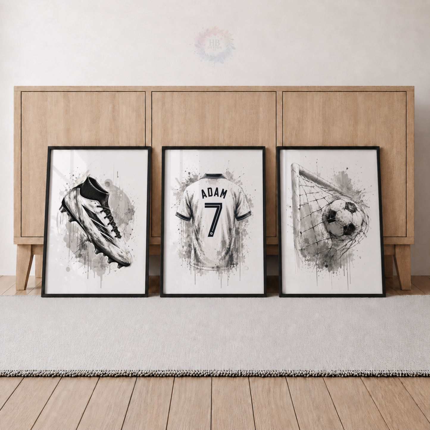 Personalised Black & White Football Wall Art Set – Name & Number Shirt Prints