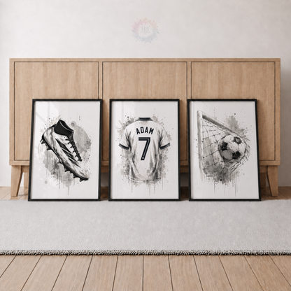 Personalised Black & White Football Wall Art Set – Name & Number Shirt Prints