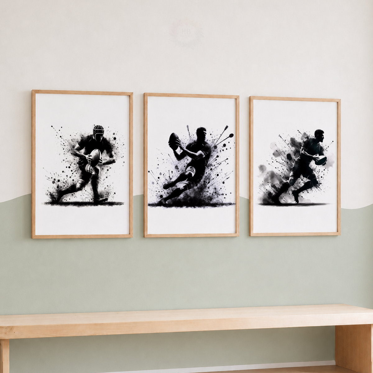 Rugby Watercolor Wall Art Set – Black & White Rugby Player Sports Prints