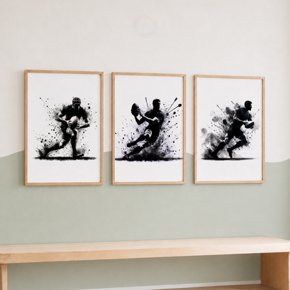 Rugby Watercolor Wall Art Set – Black & White Rugby Player Sports Prints