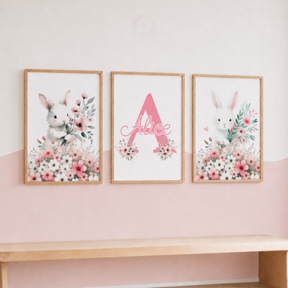 Personalised Bunny Wall Art Set – Pink Floral Rabbit Nursery Prints