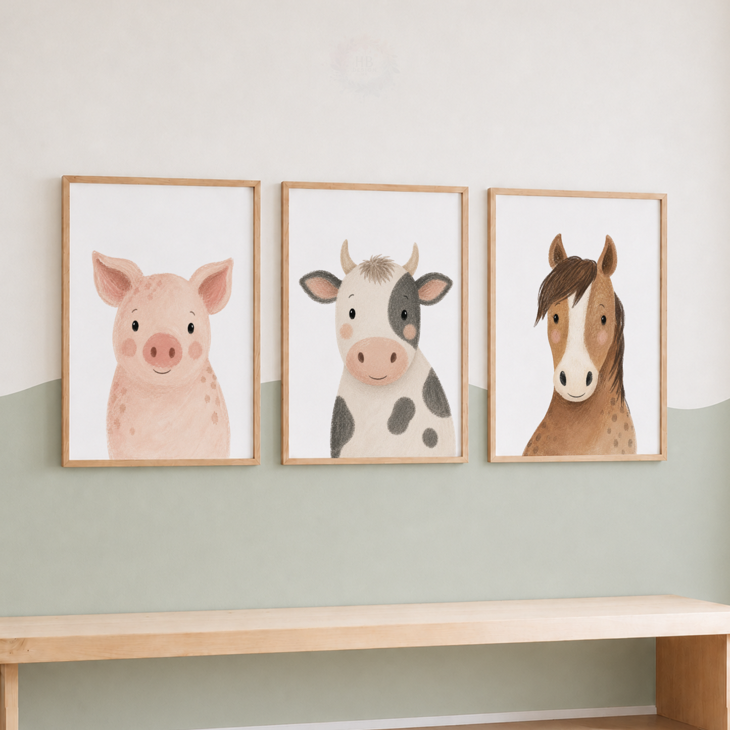 Farm Animal Nursery Wall Art Print Set – Pig, Cow & Horse