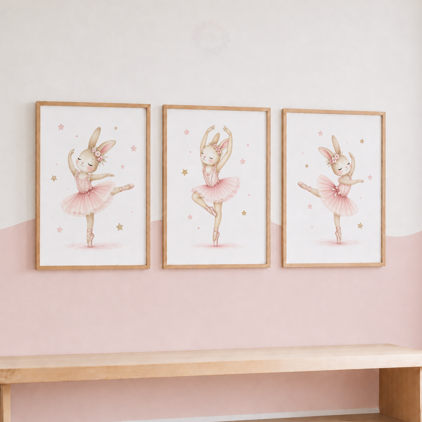 Pink Bunny Ballerina Nursery Wall Art Set – Watercolour Rabbit Ballet Prints