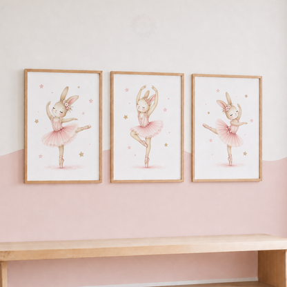 Pink Bunny Ballerina Nursery Wall Art Set – Watercolour Rabbit Ballet Prints