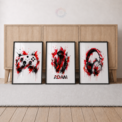 Personalised Red & Black Gamer Wall Art Set – Controller, Gamer & Headphones Prints