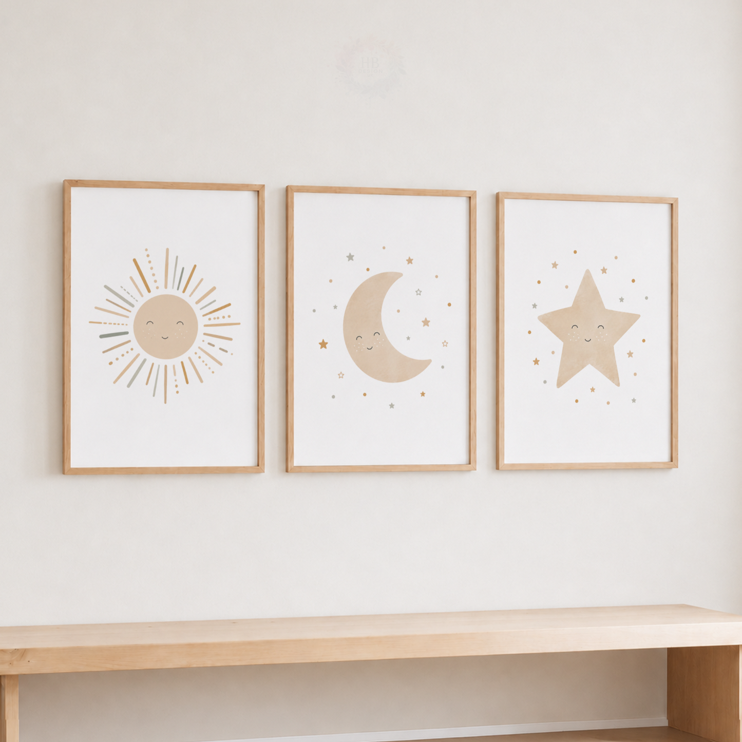 Sun Moon & Star Nursery Prints – Set of 3 Neutral Celestial Wall Art