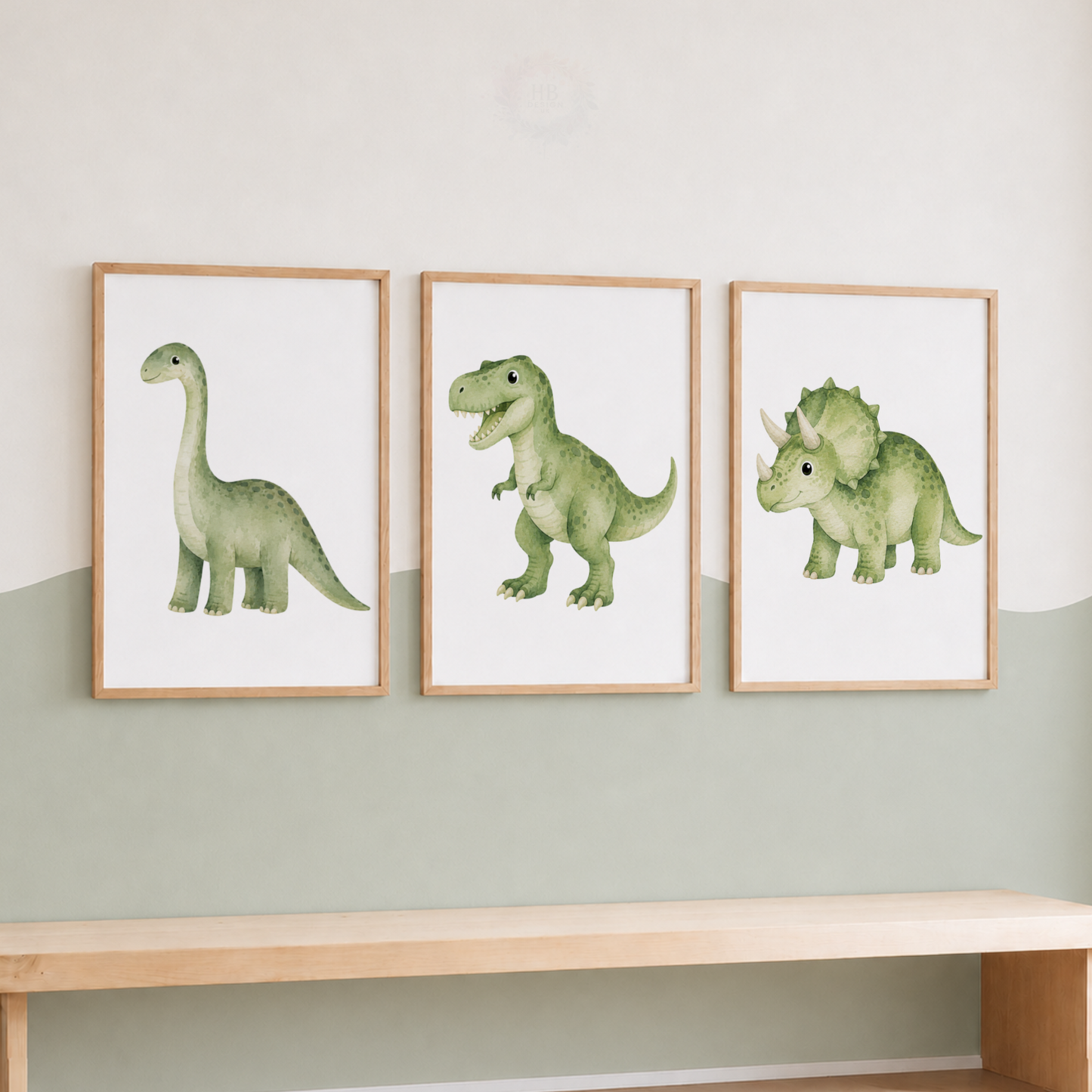 Green Dinosaur Nursery Wall Art Set – Cute Watercolour Dino Prints