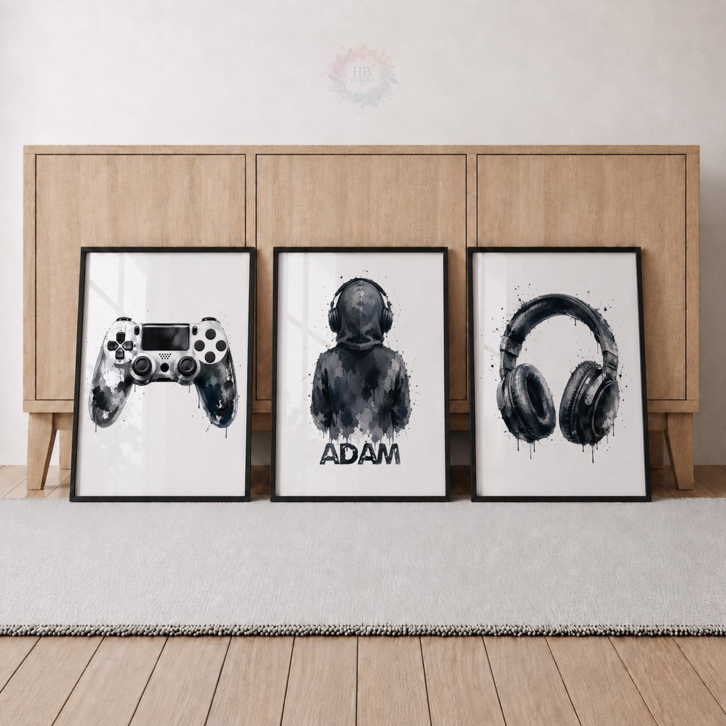 Personalised Monochrome Gamer Wall Art Set – Controller, Gamer & Headphones Prints