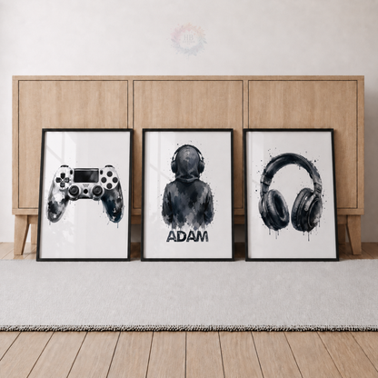 Personalised Monochrome Gamer Wall Art Set – Controller, Gamer & Headphones Prints