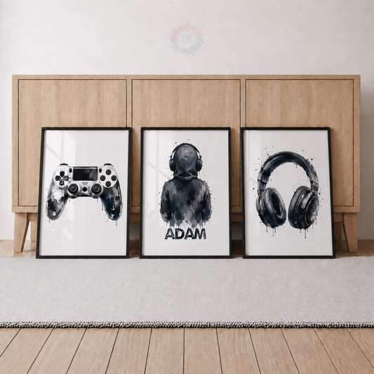 Personalised Monochrome Gamer Wall Art Set – Controller, Gamer & Headphones Prints