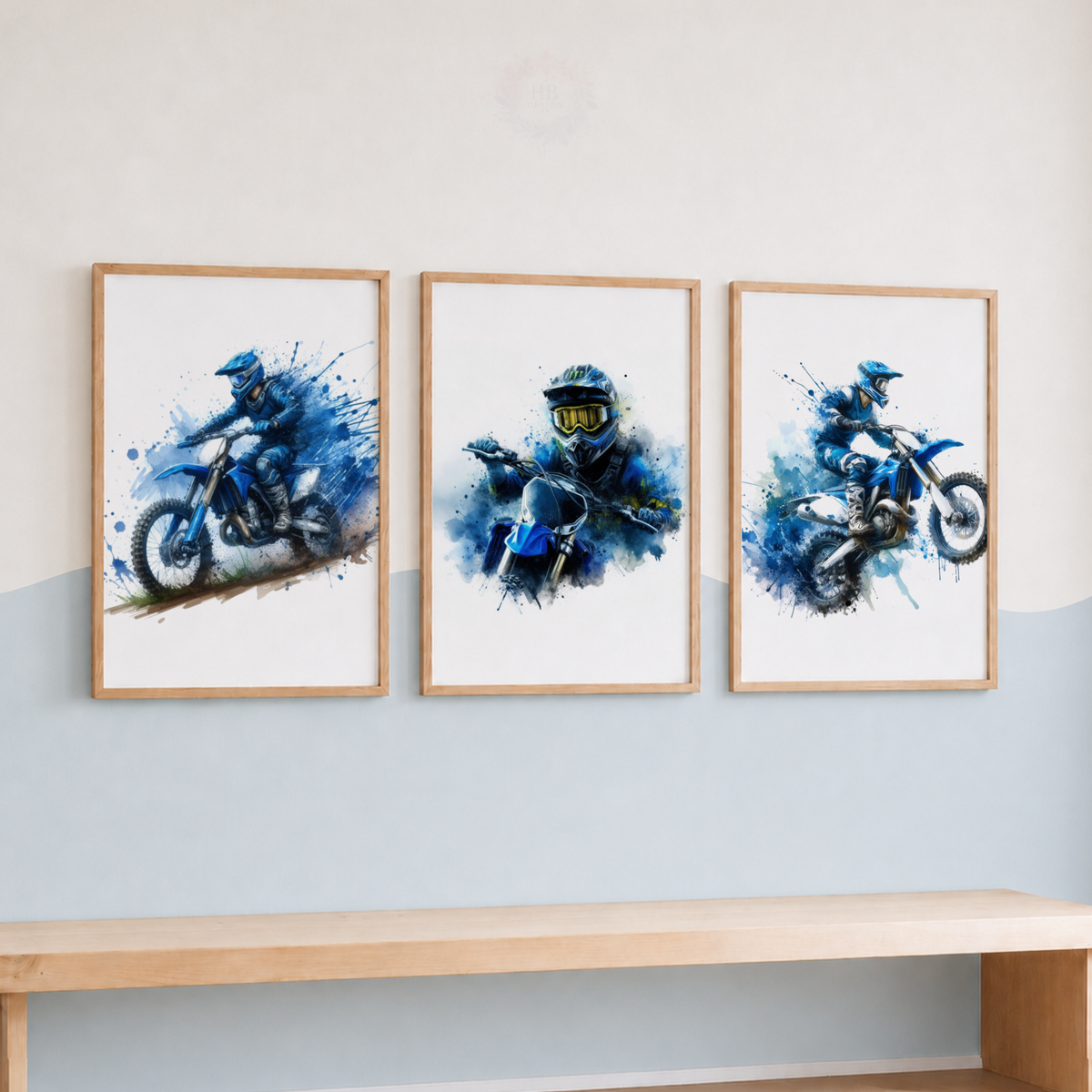 Motocross Watercolor Wall Art Set – Blue Dirt Bike Rider Sports Prints