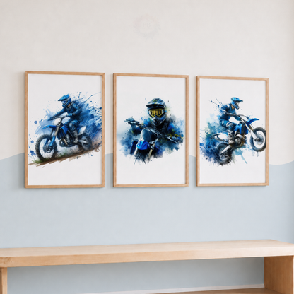 Motocross Watercolor Wall Art Set – Blue Dirt Bike Rider Sports Prints