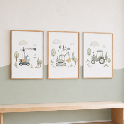 Little Green Machines – Personalised Set of 3 Construction Nursery Prints